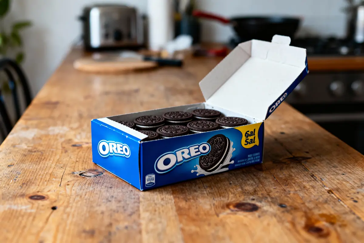 Boîte ouverte de biscuits Oreo sur une table en bois dans une cuisine.