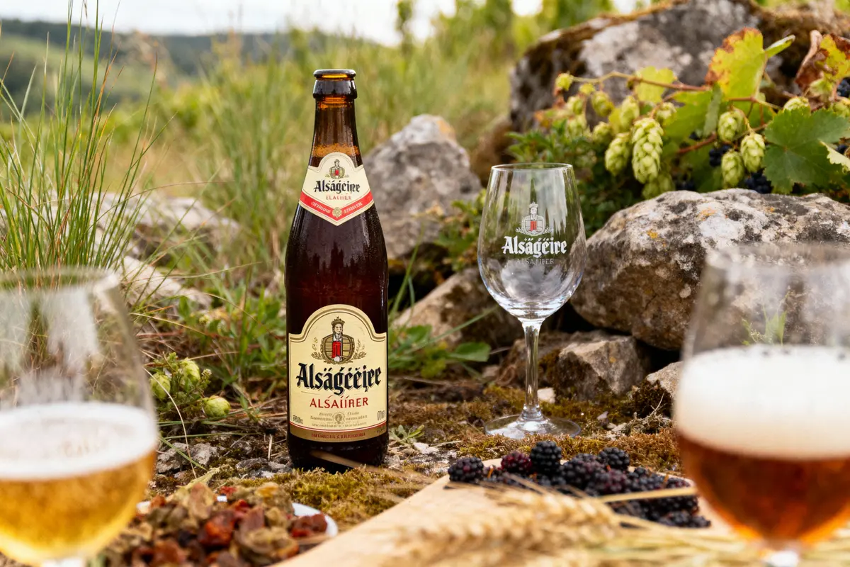 Bière Alsacienne avec verres, mûres, houblon et nature en arrière-plan, ambiance de dégustation extérieure.