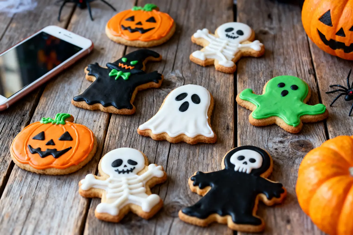 Biscuits d'Halloween décorés : citrouilles, squelettes, fantômes, sorcière, monstre vert, sur table en bois. Téléphone à côté.