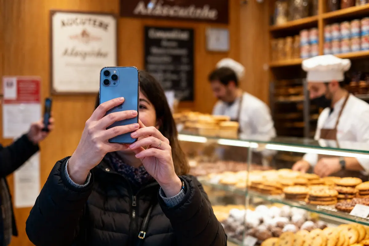 Femme prenant des photos avec smartphone devant un comptoir de pâtisserie, chefs cuisinant en arrière-plan.