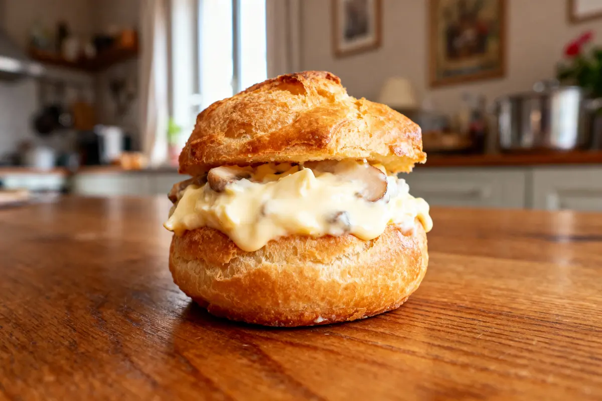 Gros plan d’un chou garni de crème et champignons sur une table en bois, cuisine en arrière-plan floue.