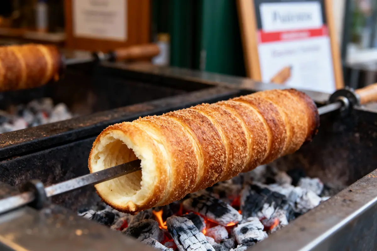 Chimney cake doré cuit sur broche au-dessus des braises ardentes. Panneau flou en arrière-plan.