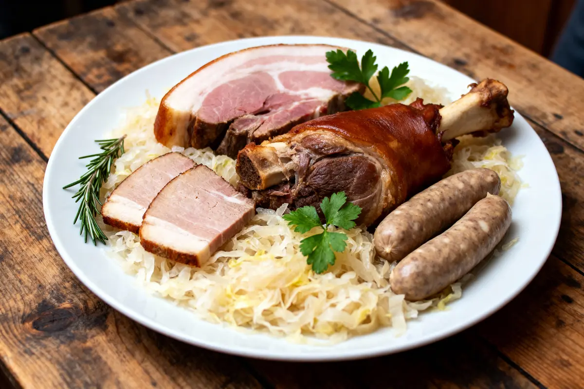 Assiette de choucroute garnie de viande, saucisses, choucroute, persil et décoration de romarin sur table en bois.
