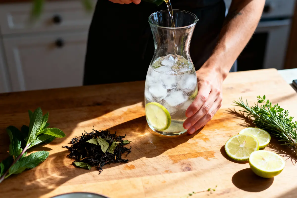 Personne versant boisson dans carafe avec glace et citron, près de feuilles de menthe et citron vert tranché.