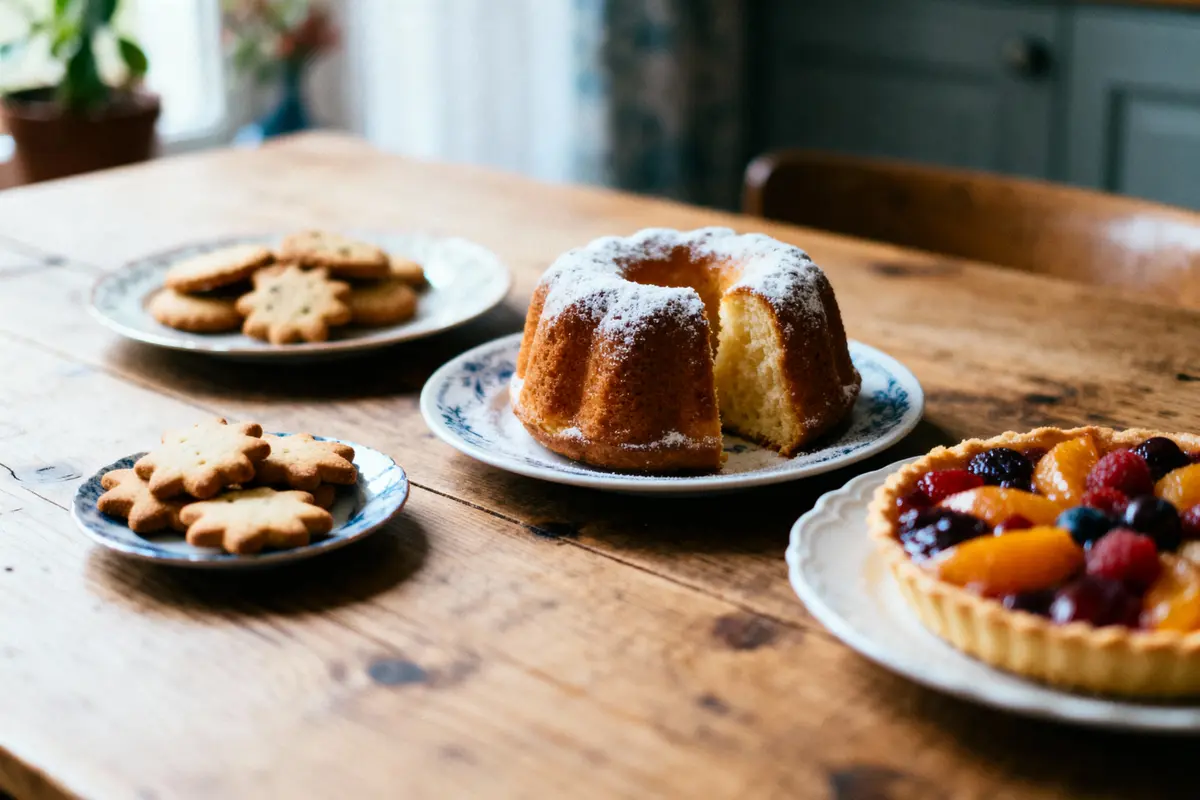 Assortiment de pâtisseries comprenant gâteau, tarte aux fruits et biscuits sur une table en bois.