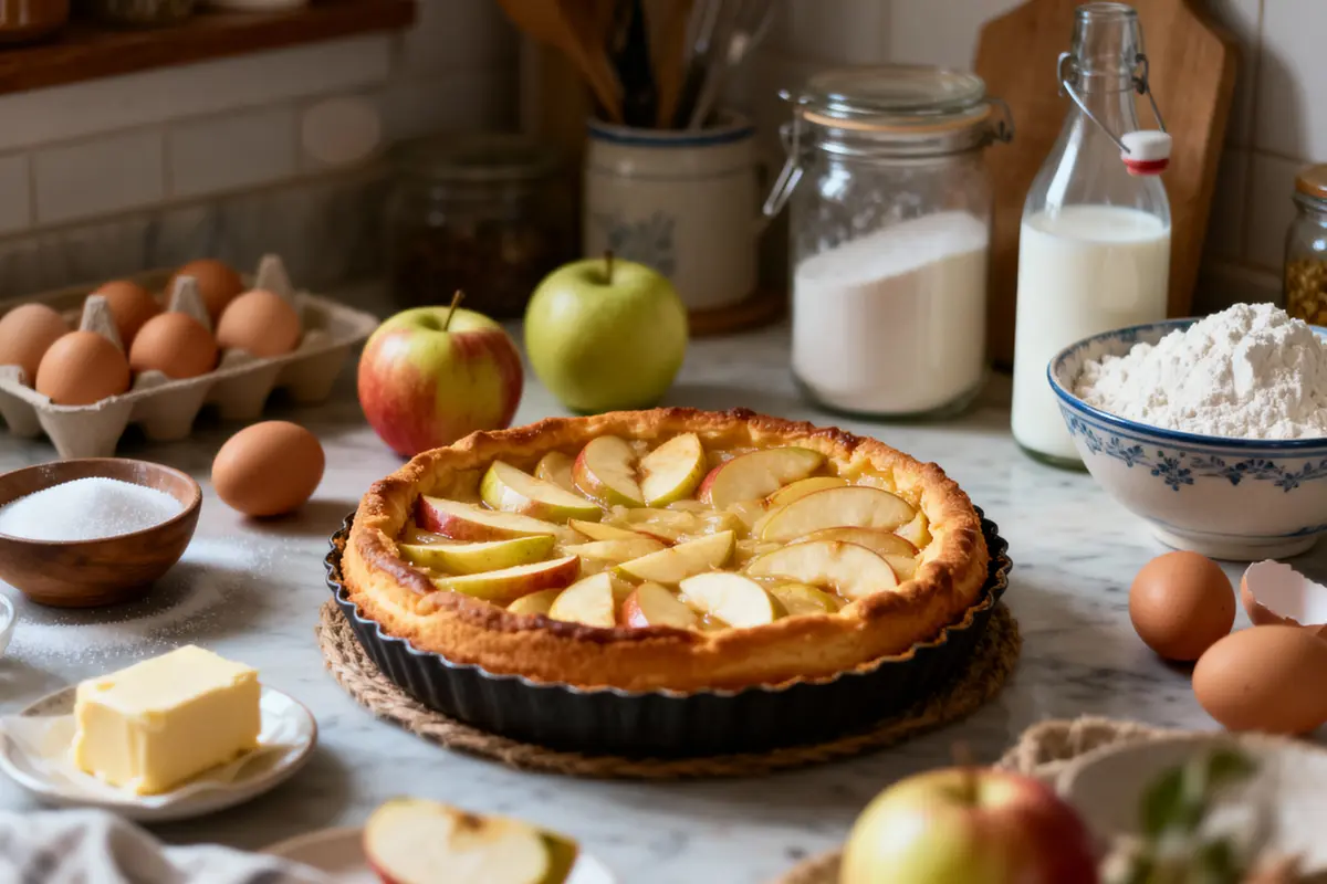 Tarte aux pommes sur table de cuisine, entourée d'ingrédients : œufs, sucre, farine, beurre, lait et pommes.