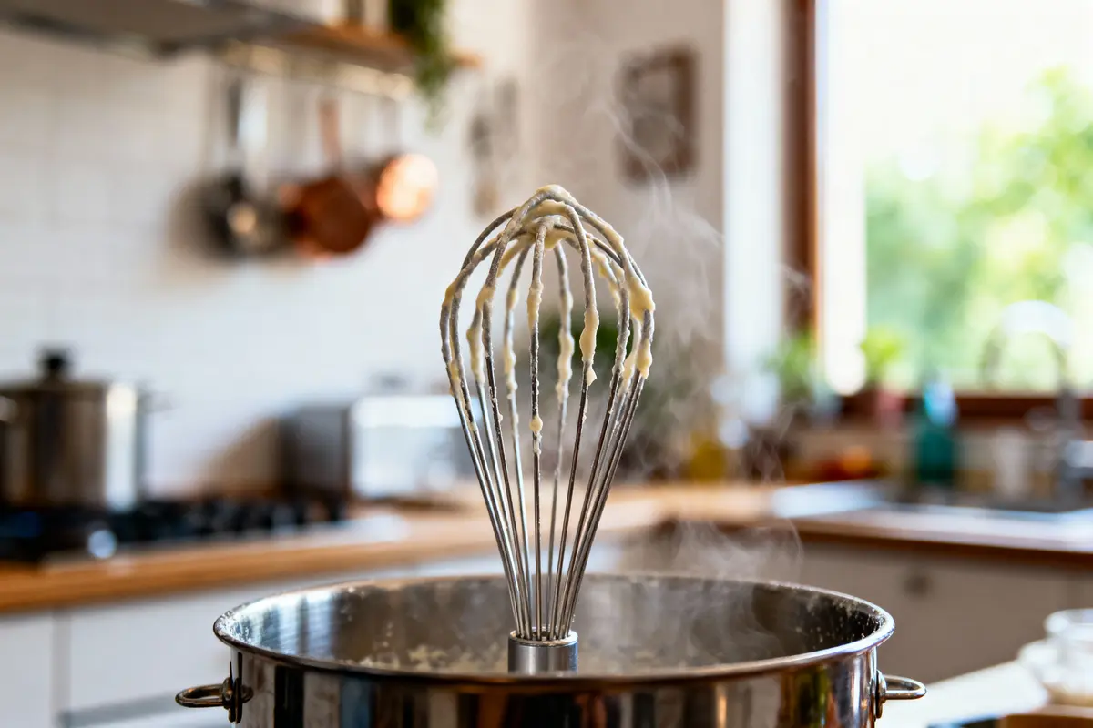 Fouet dans une cuisine, mélange crémeux sur casserole fumante, ambiance lumineuse et chaleureuse.
