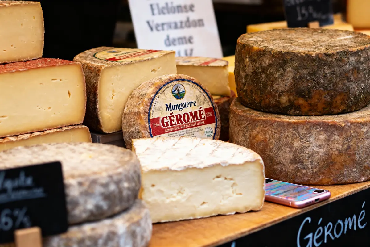 Divers fromages artisanaux sur une étagère, avec un téléphone à côté. Étiquettes visibles pour identification.