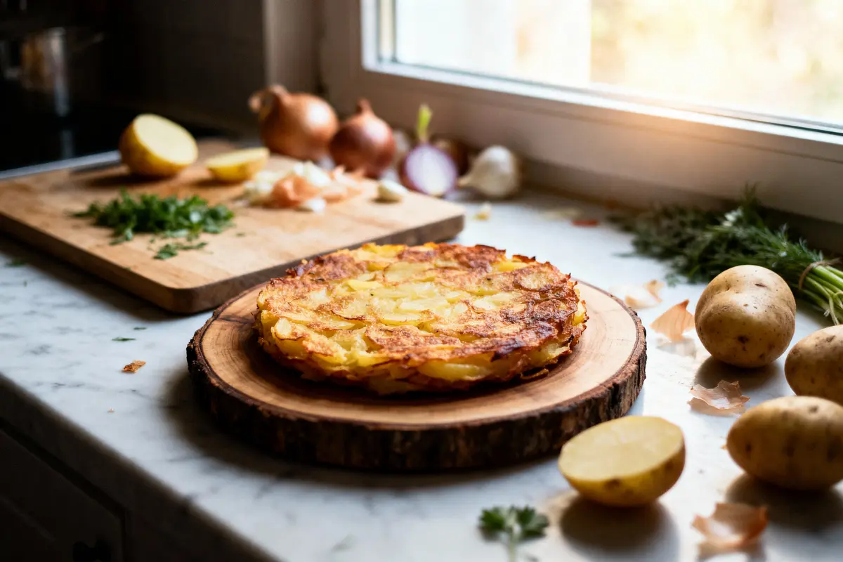 Galette de pommes de terre sur planche en bois, entourée d'ingrédients frais et d'herbes, éclairée naturellement.