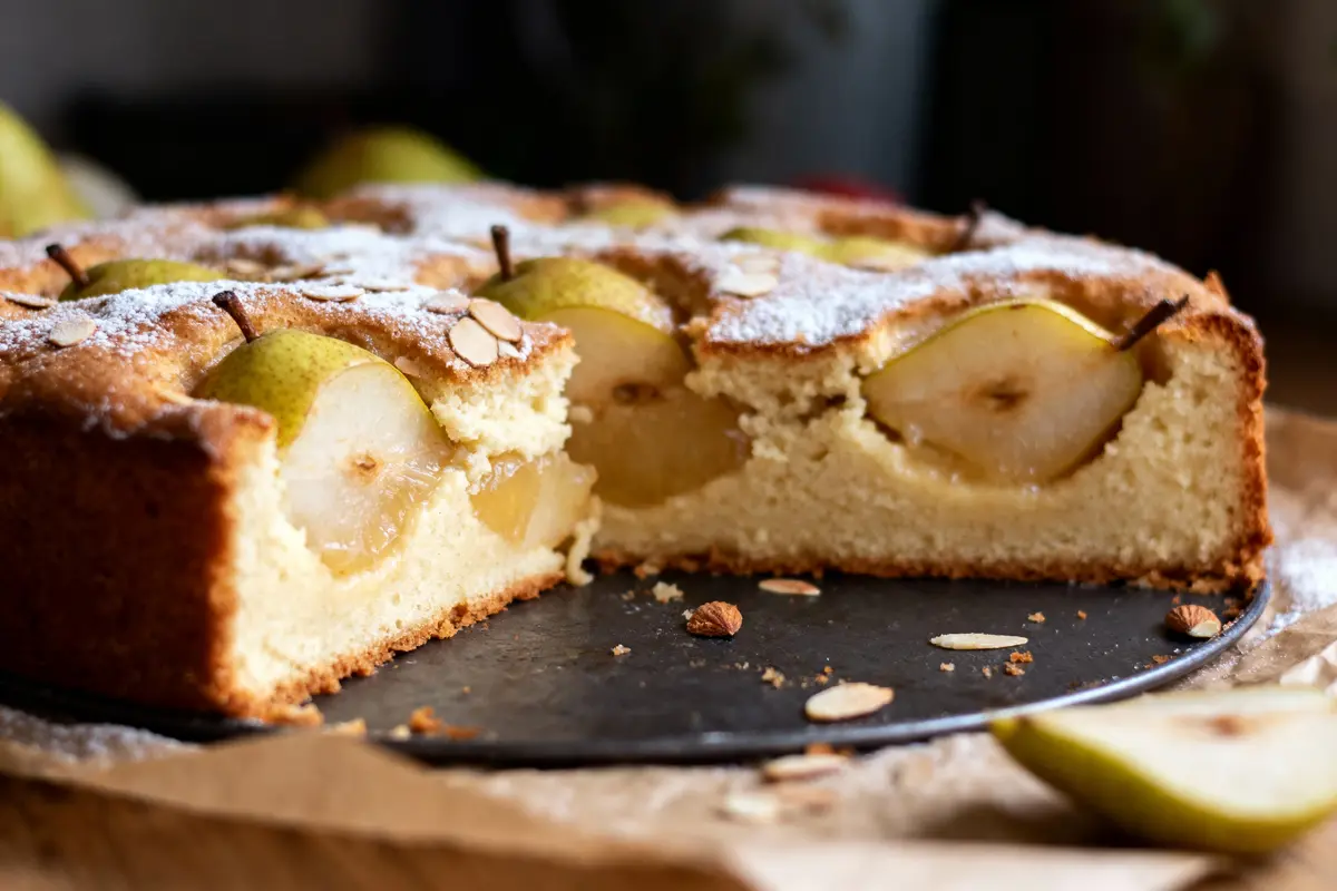 Gâteau aux poires entières, décoré d'amandes effilées et saupoudré de sucre glace, avec une tranche manquante.