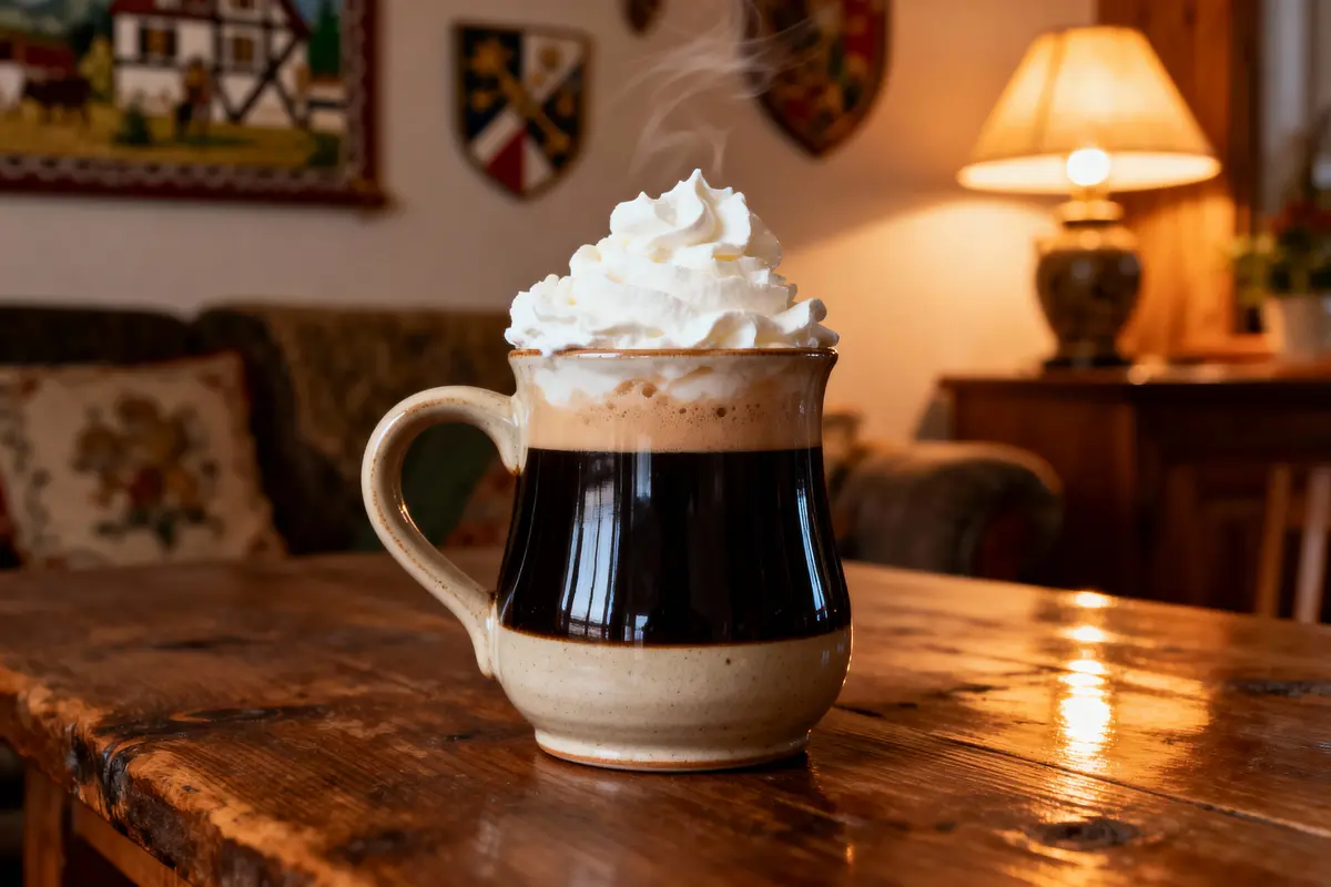 Tasse de café avec crème fouettée, posée sur table en bois rustique, intérieur cosy éclairé par lampe.