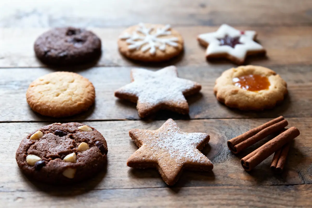 Assortiment de biscuits variés, formes et saveurs différentes, sur table en bois avec bâtons de cannelle.