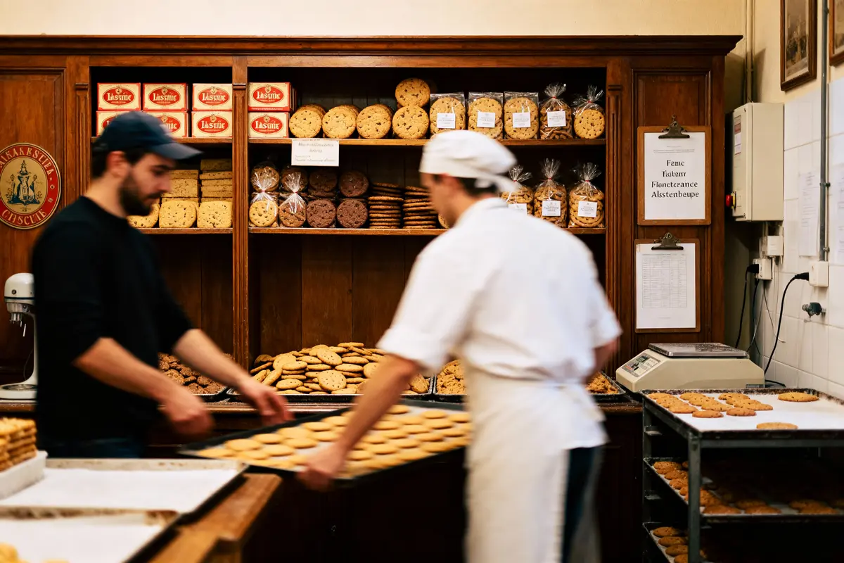 Deux personnes travaillant dans une boulangerie, entourées de biscuits empilés sur des étagères en bois.