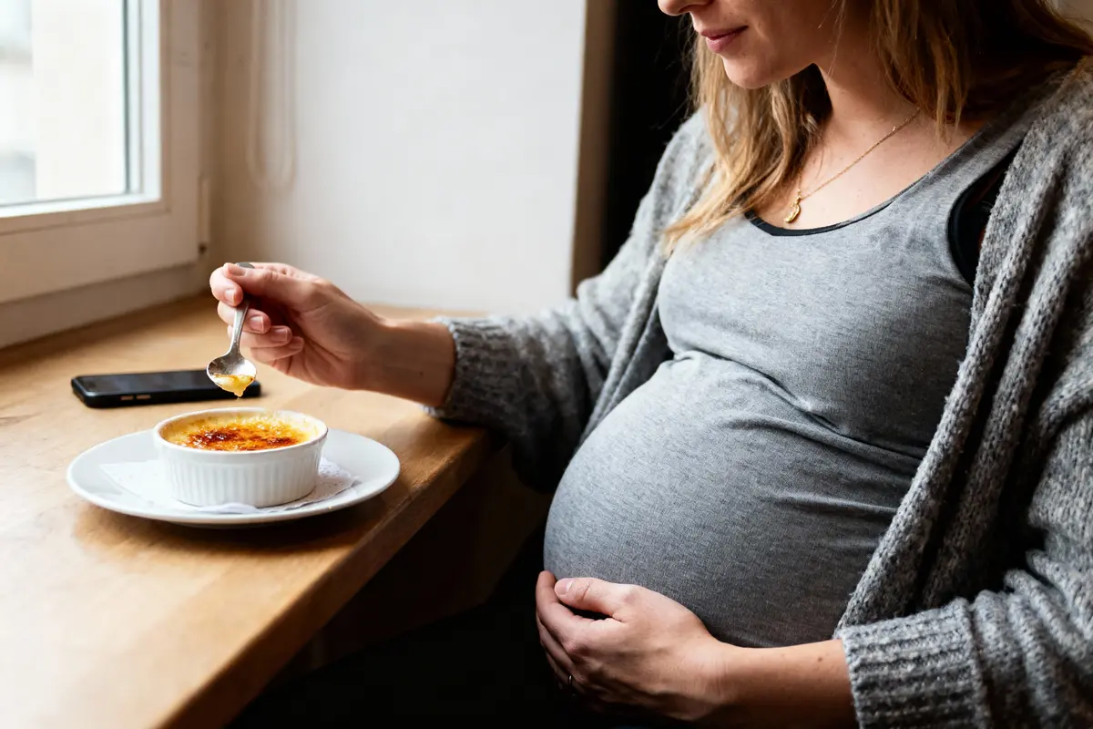 Femme enceinte mangeant une crème brûlée près d'une fenêtre, téléphone portable à côté.