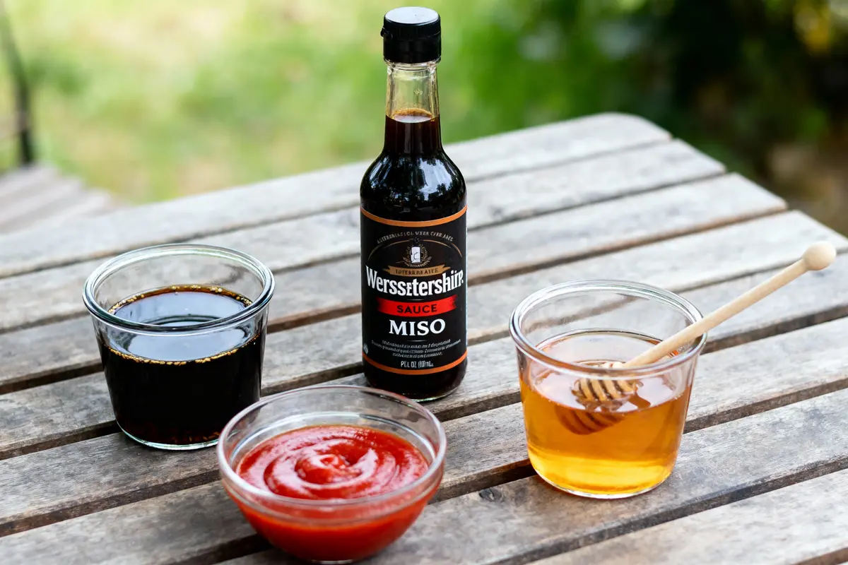 Bouteille de sauce miso Worcestershire et trois bols; sauce noire, ketchup, miel.