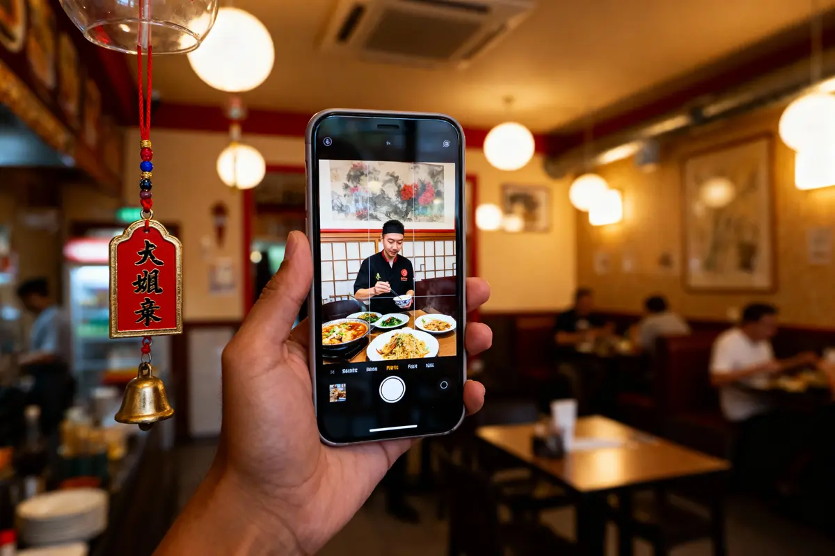 Main tenant un smartphone montrant un homme mangeant dans un restaurant asiatique, ambiance chaleureuse et lumineuse.
