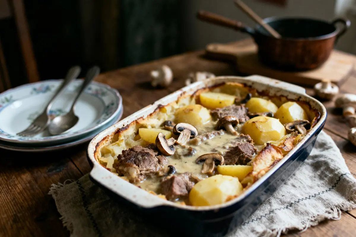 Plat rustique avec pommes de terre, champignons et viande en sauce dans un plat en céramique sur table en bois.