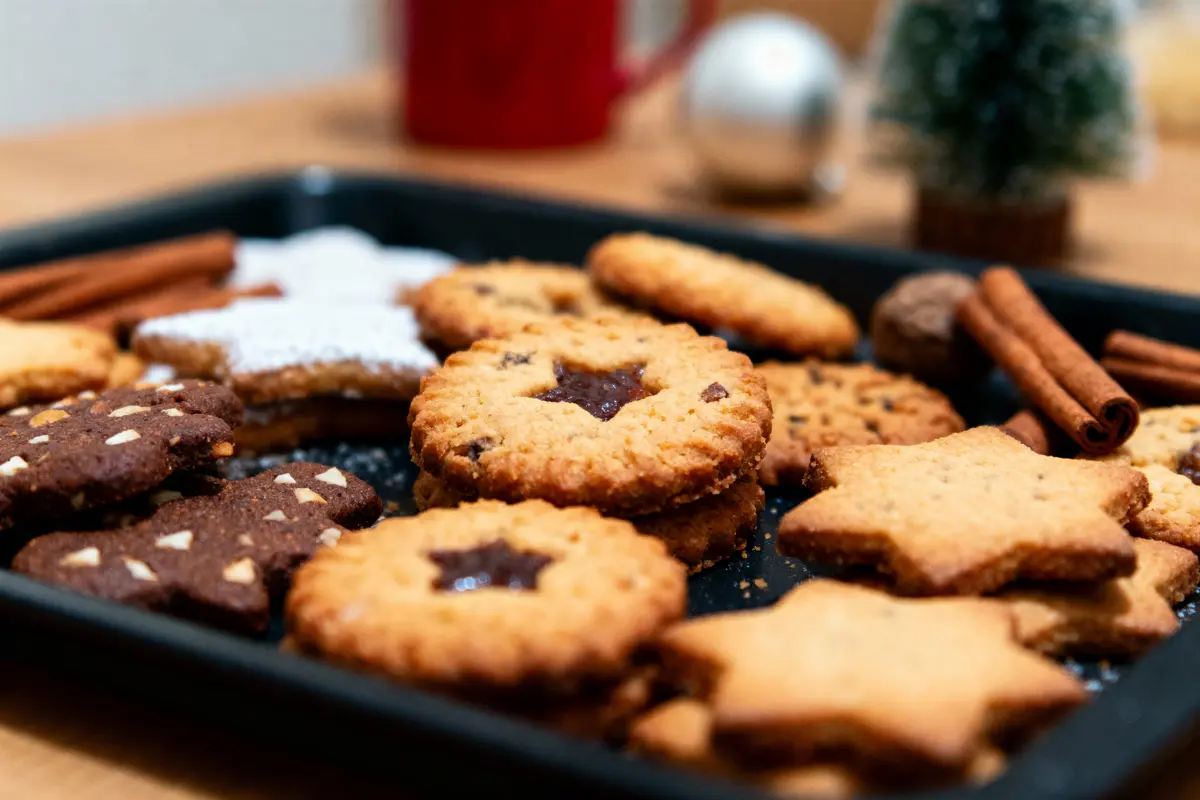 Assortiment de biscuits étoilés et roulés à la cannelle sur plateau noir, avec décorations de Noël en arrière-plan.