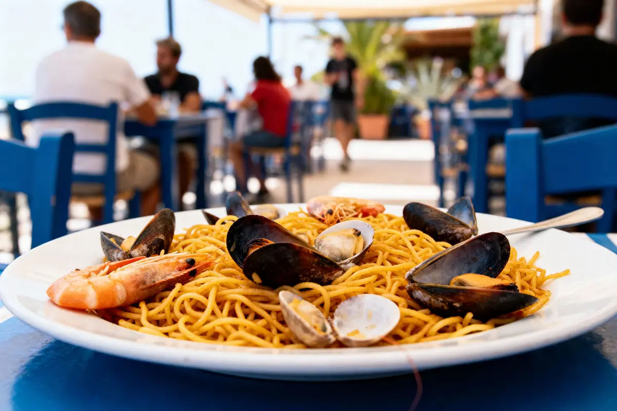 Assiette de pâtes aux fruits de mer en terrasse, personnes floues à l'arrière-plan, chaises bleues.