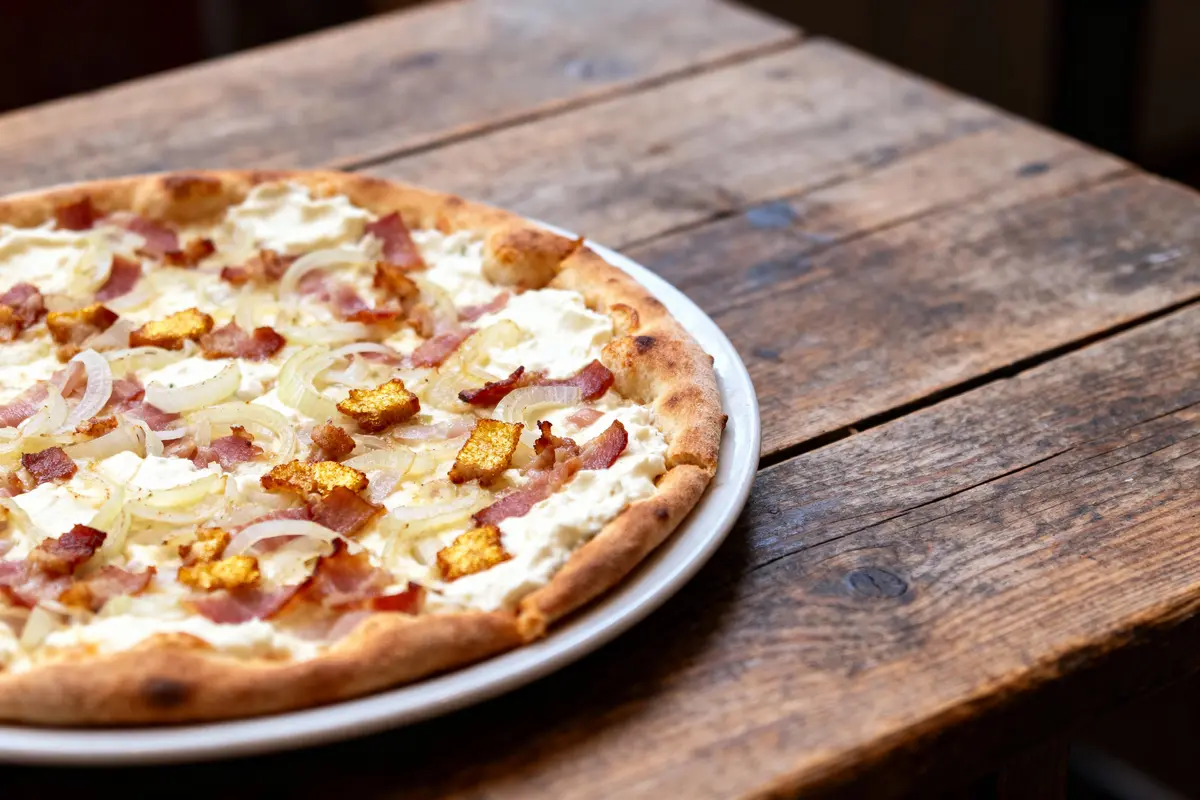 Pizza sur table en bois, garnie oignons, bacon, fromage, croûte dorée, assiette blanche.