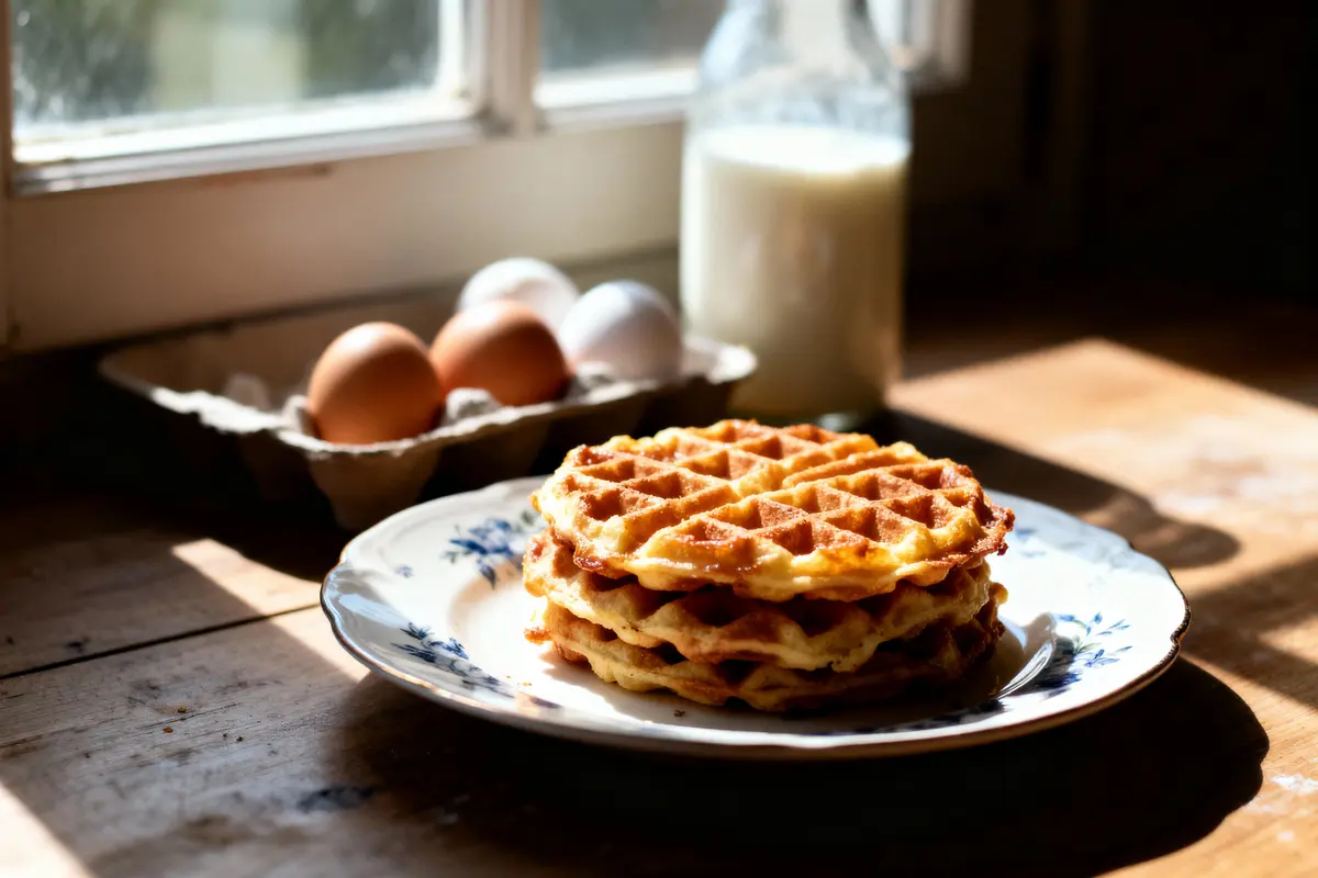 Assiette de gaufres empilées, bouteille de lait et œufs sur une table en bois près de la fenêtre.