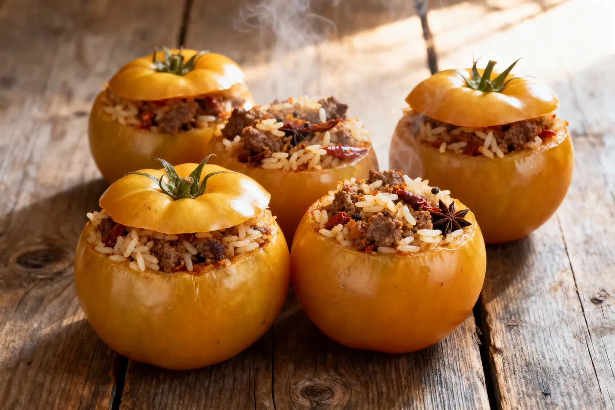 Tomates farcies avec riz et viande, servies sur une table en bois rustique avec vapeur visible.