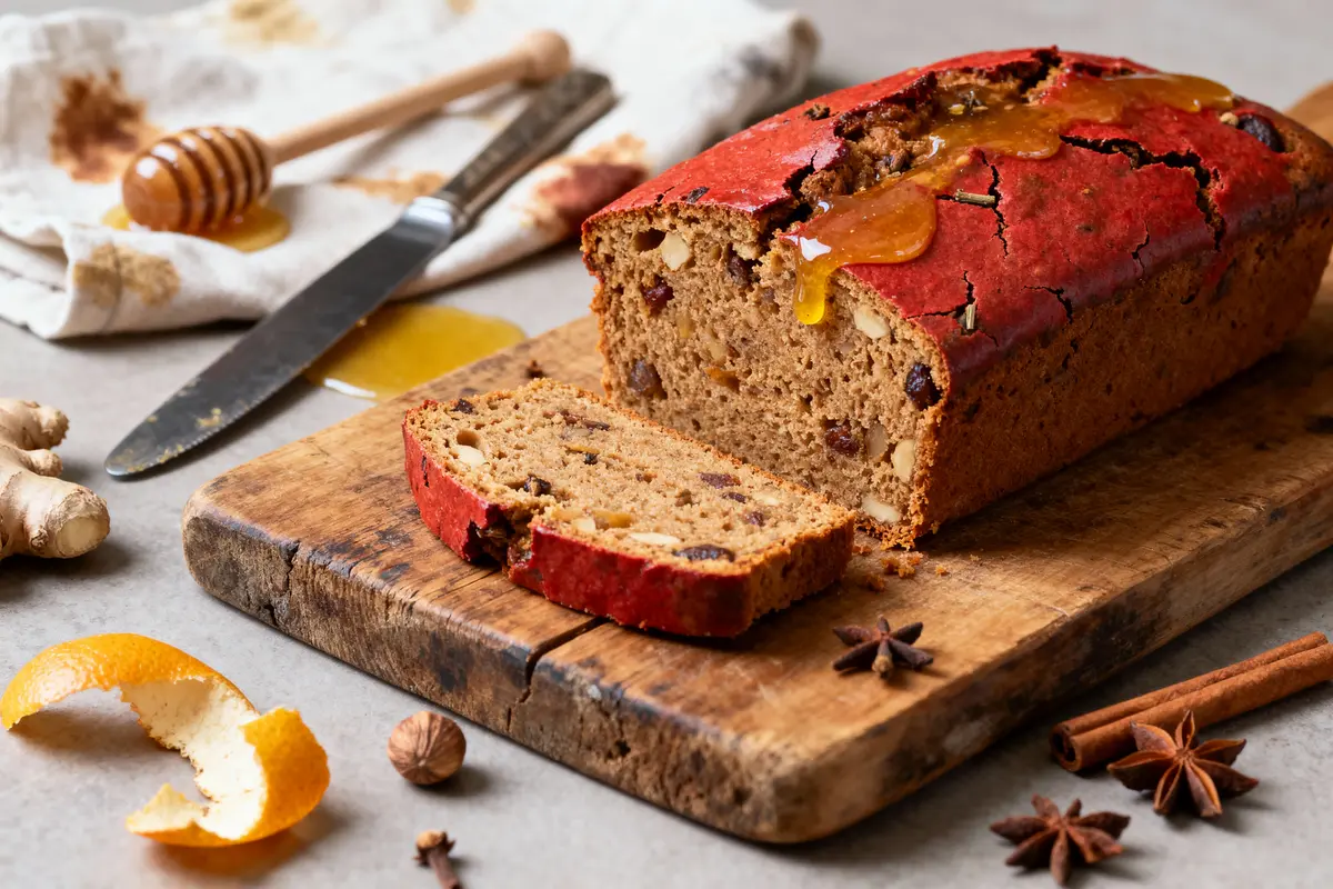 Pain d'épices tranché sur planche en bois, avec miel, cannelle et zestes d'orange sur une table.