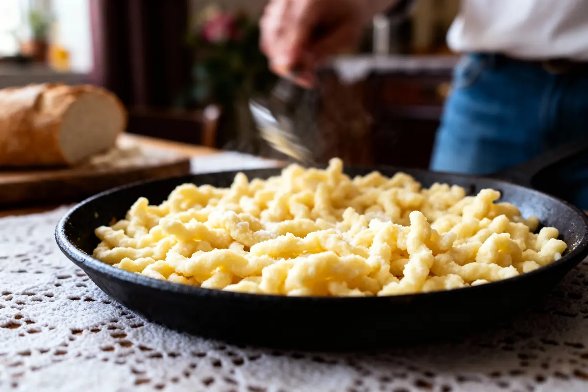 Plat de Spätzle dans une poêle en fonte, pain en arrière-plan, scène de cuisine artisanale.
