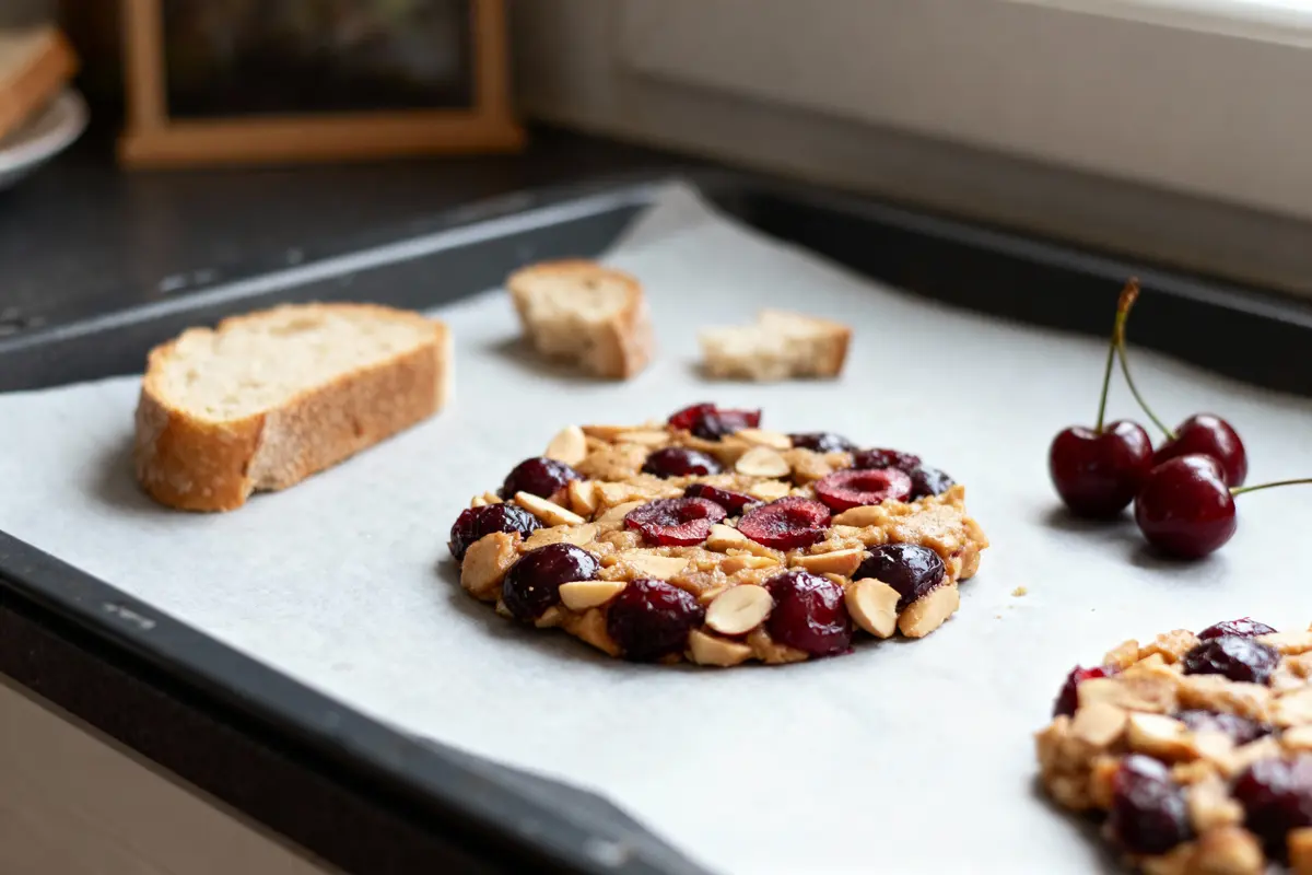 Tarte aux cerises et amandes sur plaque de cuisson avec pain et cerises fraîches à côté.