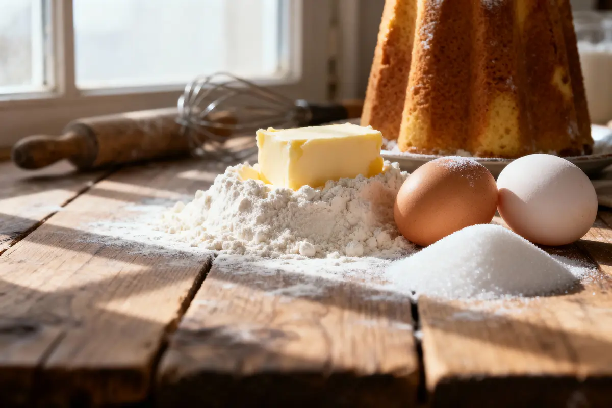 Ingrédients de pâtisserie sur planche en bois : beurre, farine, œufs, sucre, rouleau à pâtisserie, gâteau.