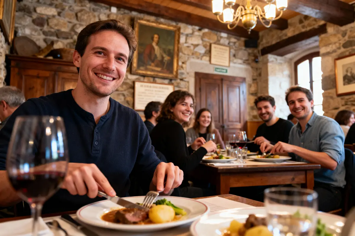 Groupe d'amis souriant, dînant ensemble dans un restaurant confortable, ambiance conviviale et chaleureuse, avec verre de vin.