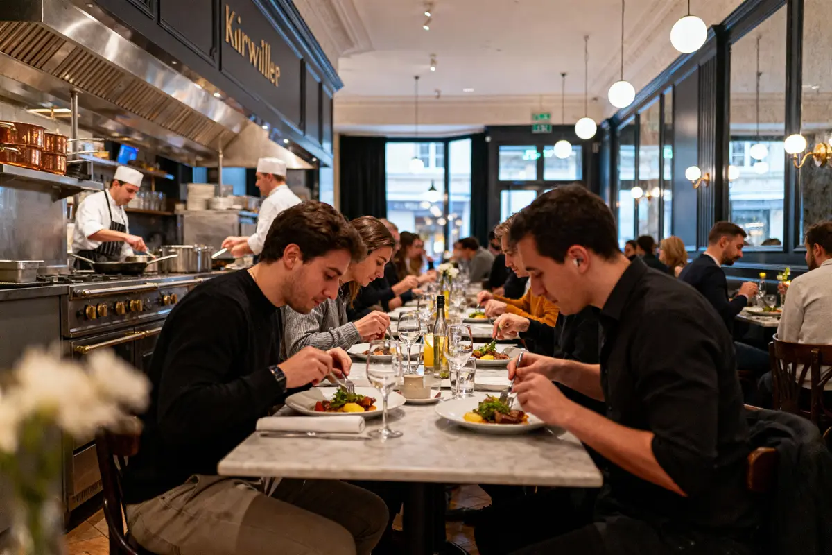 Dîneurs savourant des plats dans un restaurant animé, chefs cuisinant en arrière-plan. Ambiance conviviale et élégante.