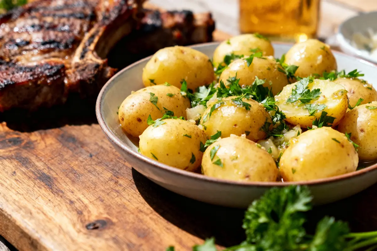 Assiette de pommes de terre persillées, côte de bœuf grillée et verre de boisson sur table en bois.