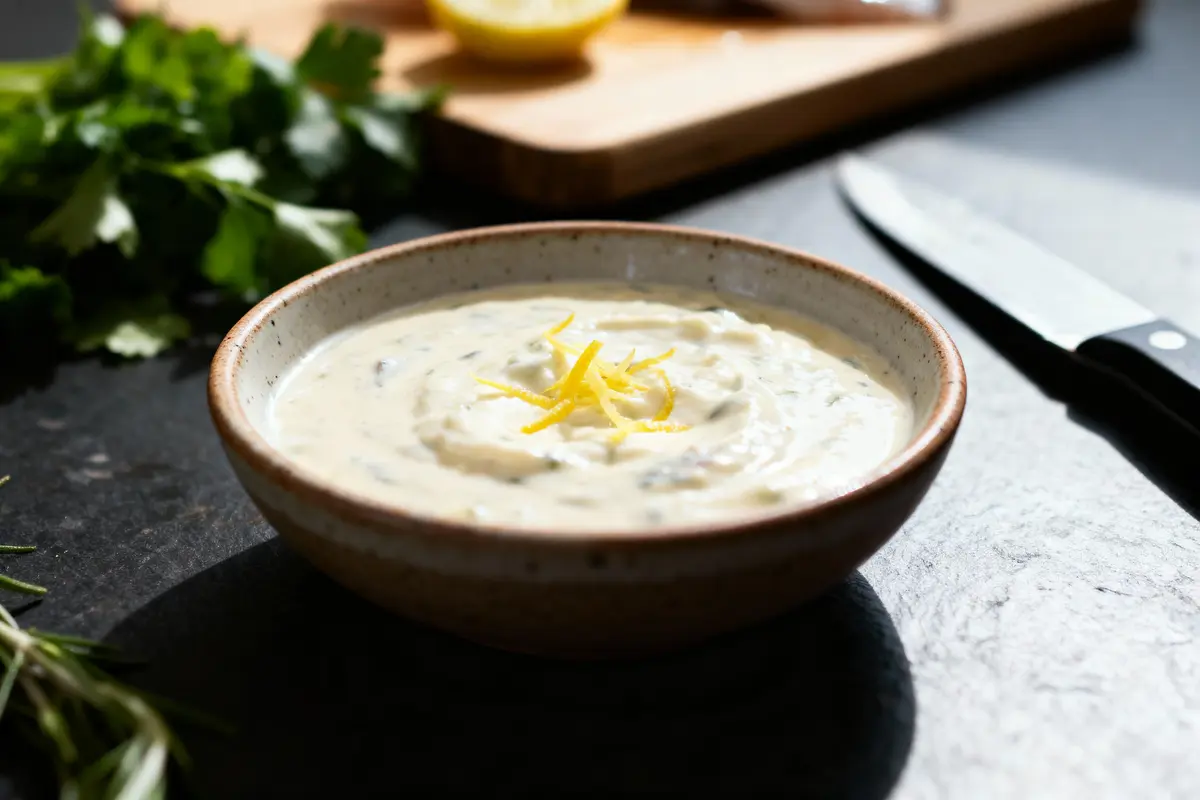 Bol de sauce crémeuse avec zestes de citron, herbes, couteau et planche à découper en arrière-plan.