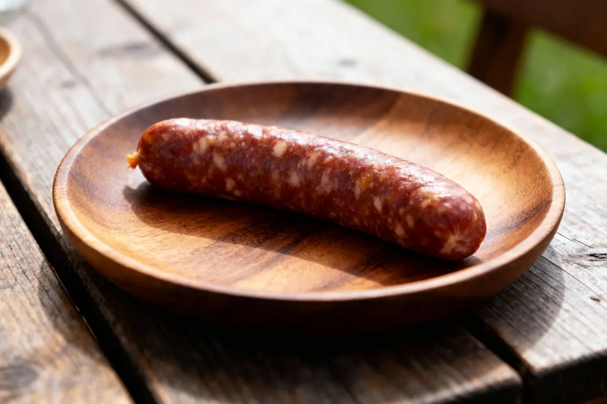 Saucisse posée sur une assiette en bois, table en bois en arrière-plan, éclairage naturel.