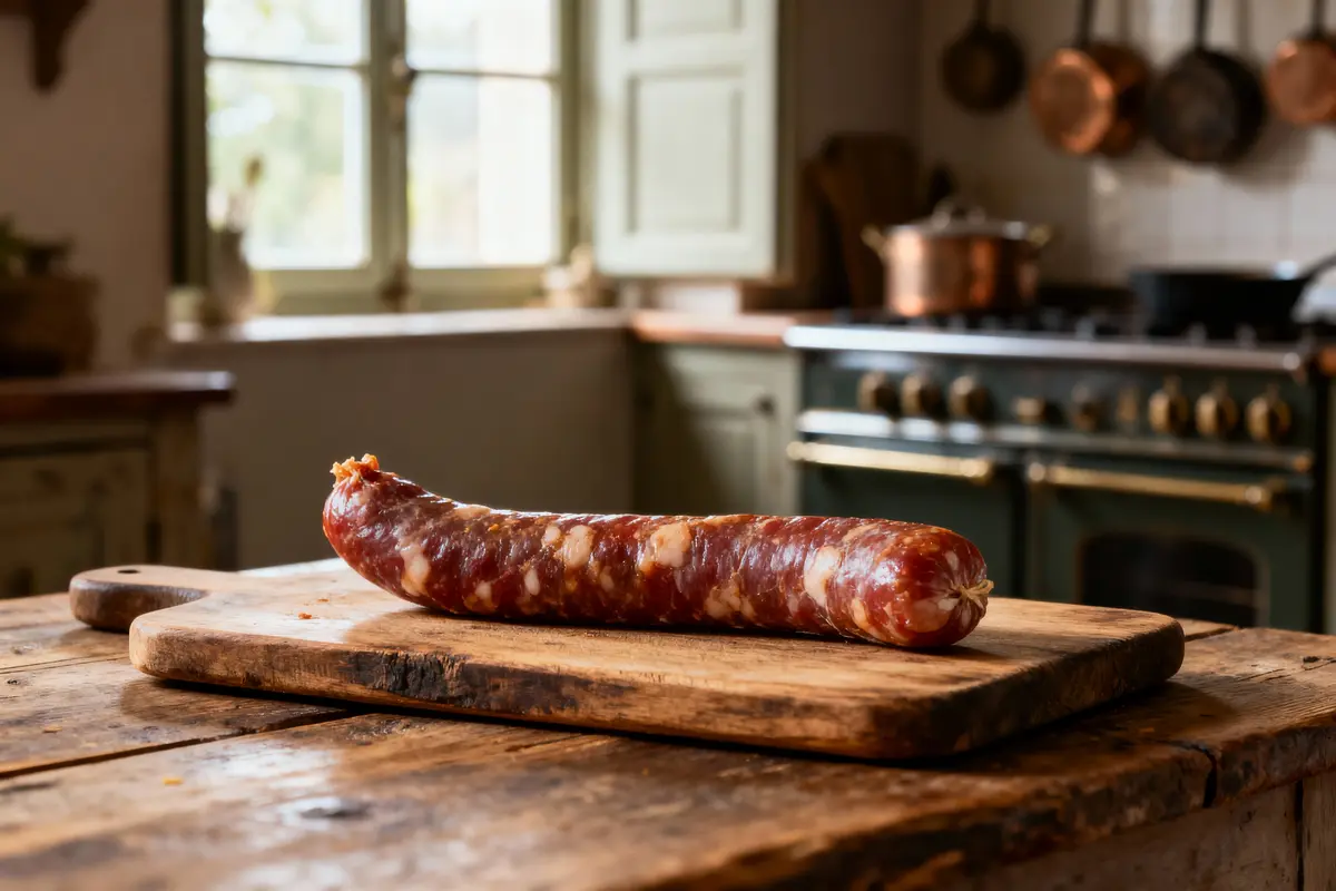 Saucisson posé sur une planche en bois dans une cuisine rustique avec cuisinière et casseroles en cuivre.