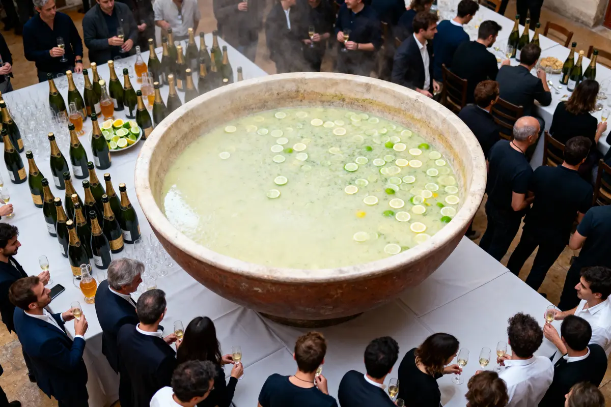 Grande cuve de punch citronnée entourée de personnes avec des bouteilles et verres, ambiance festive.