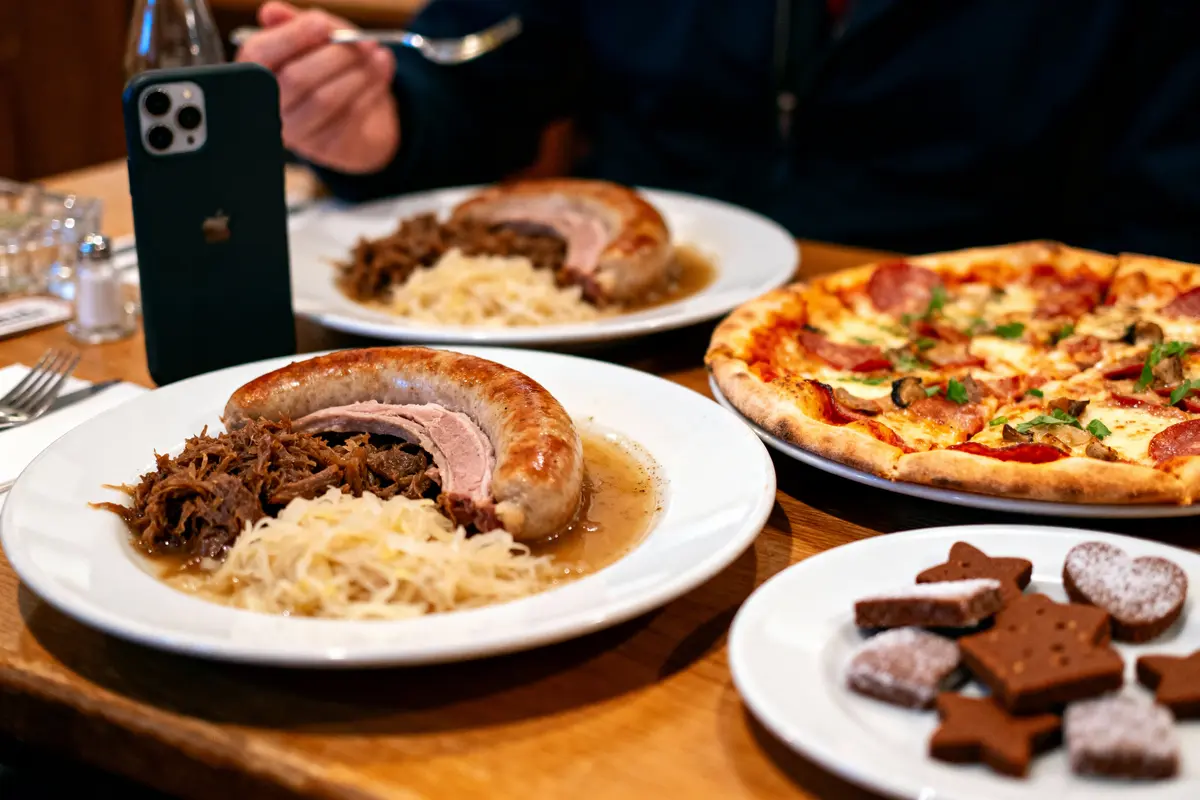 Assiette de saucisses et choucroute, pizza au pepperoni, biscuits étoile, téléphone sur table en bois.