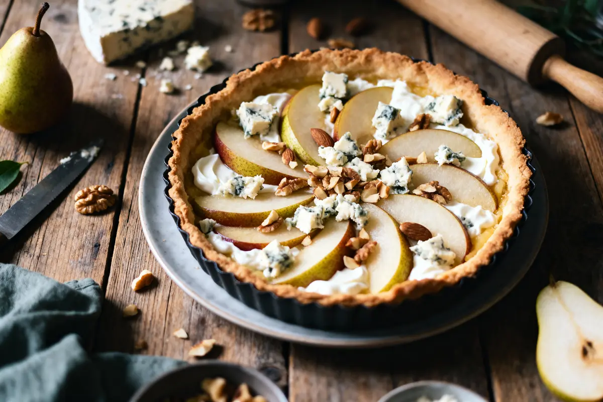 Tarte aux poires et fromage bleu garnie de noix, sur une table en bois avec poire et ustensiles.