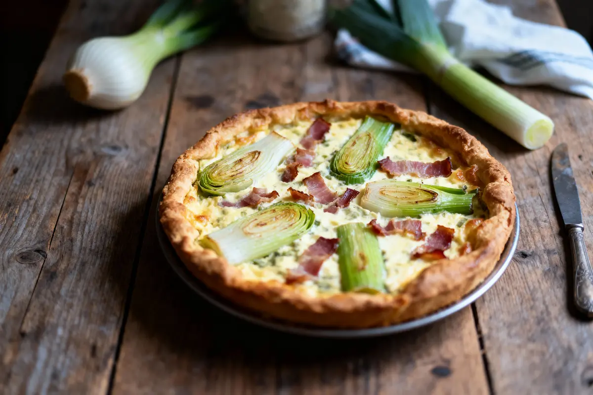 Tarte salée aux poireaux et lardons sur table en bois, poireaux frais en arrière-plan.