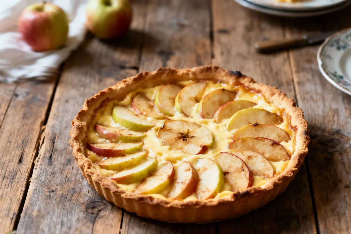 Tarte aux pommes sur une table en bois, entourée de pommes, ambiance rustique et chaleureuse.