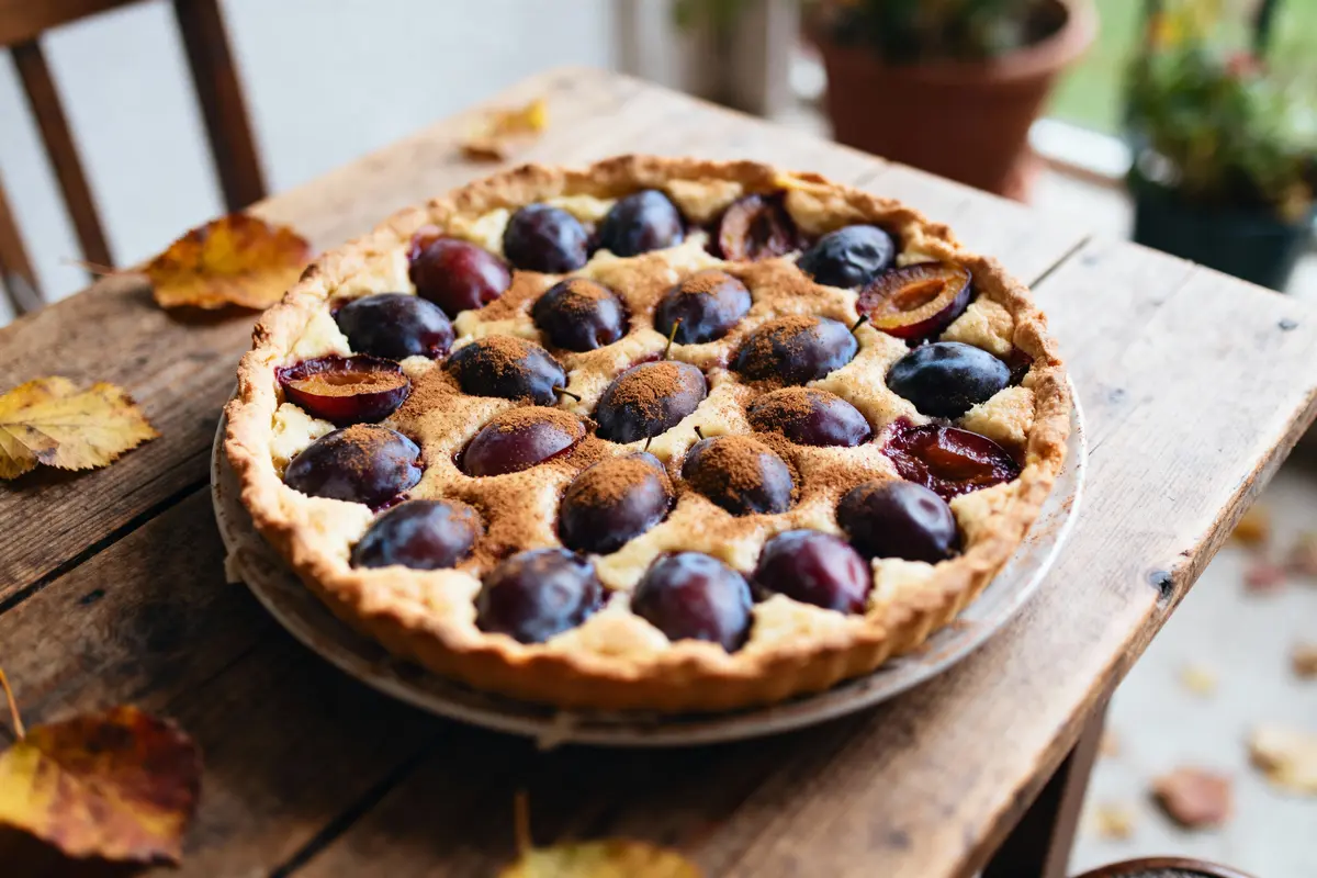 Tarte aux prunes sur table en bois, décorée de feuilles d'automne, intérieur rustique.