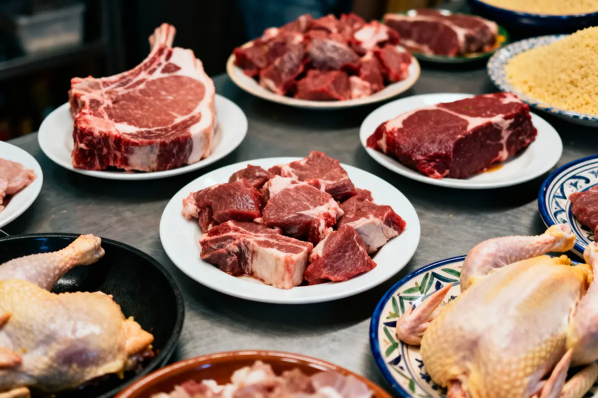 Assortiment de viandes crues sur assiettes : côtes, morceaux de bœuf et volaille entière.