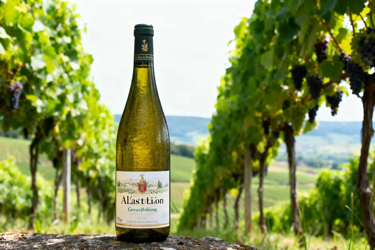 Bouteille de vin blanc Alsace devant des rangées de vignes verdoyantes, paysage viticole en arrière-plan.