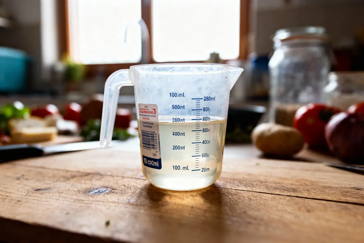 Verre doseur avec liquide sur table en bois, légumes et ustensiles flous en arrière-plan de cuisine.