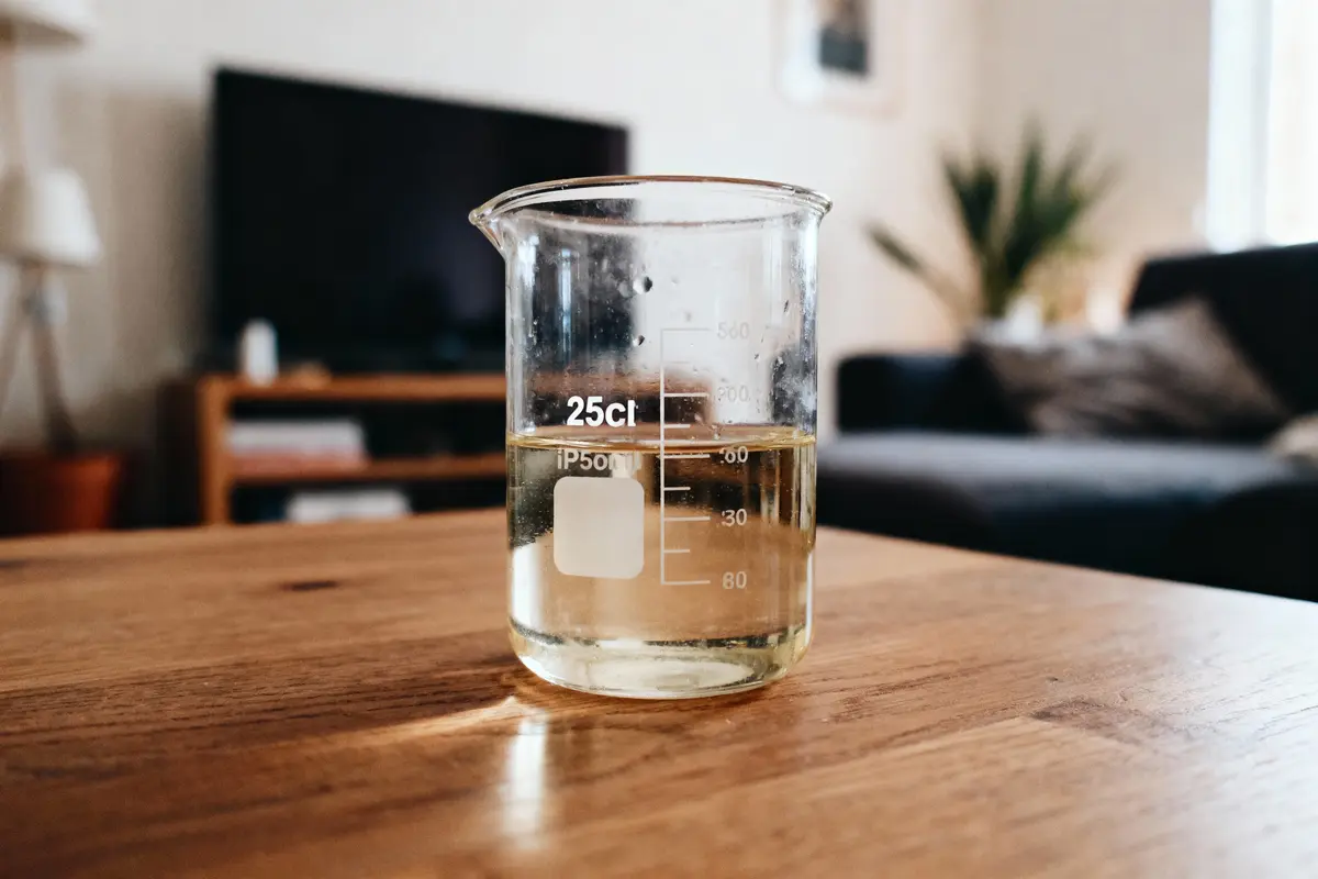 Un becher contenant du liquide sur une table en bois, arrière-plan flou dans un salon moderne.