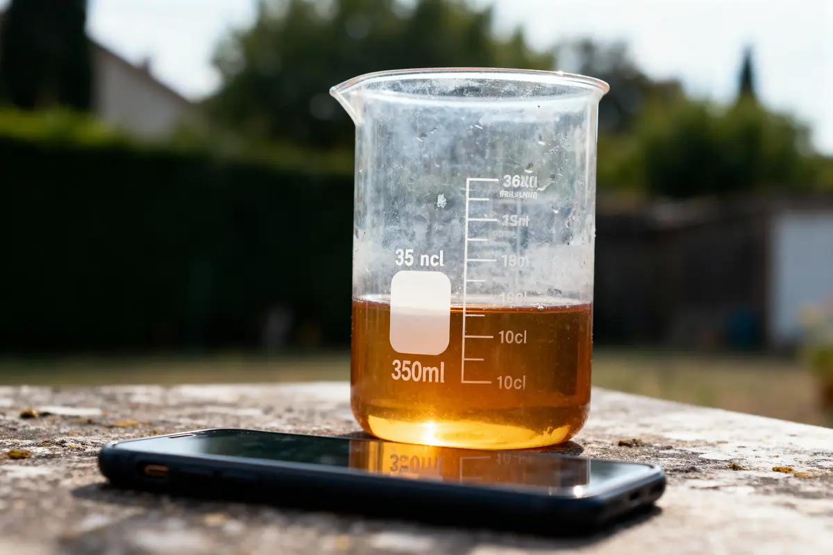Bécher contenant liquide orange sur table extérieure, avec smartphone à proximité, fond flou verdoyant.