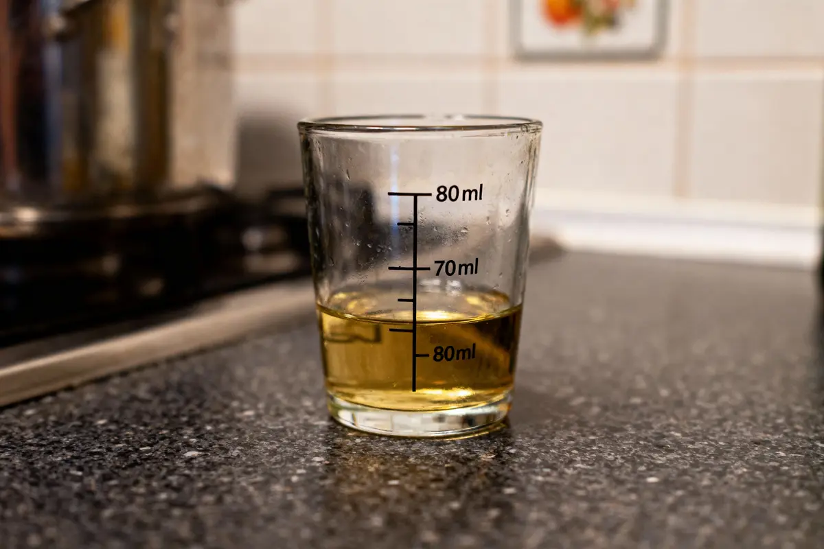 Verre gradué contenant 80 ml de liquide ambré sur un plan de travail de cuisine.