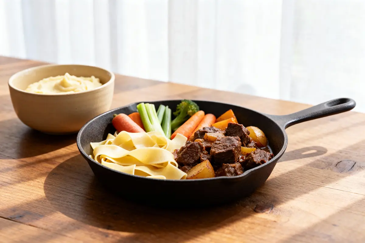 Poêlée de bœuf mijoté, légumes et pâtes avec purée dans un bol sur une table en bois.