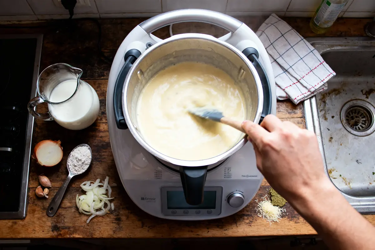 Main mélangeant préparation jaune dans robot culinaire, avec ingrédients et ustensiles disposés autour.